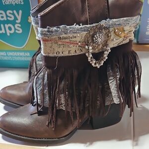 Brown Cowboy Boots with Fringe and Denim